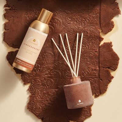 Thymes Gingerbread Home Fragrance Mist with candle and Decorative gingerbread house